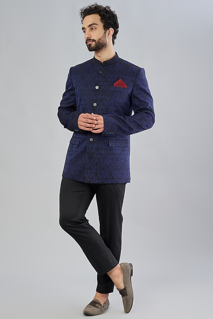 Blue Jacquard Silk Bandhgala Jacket Set by Bubber Couture