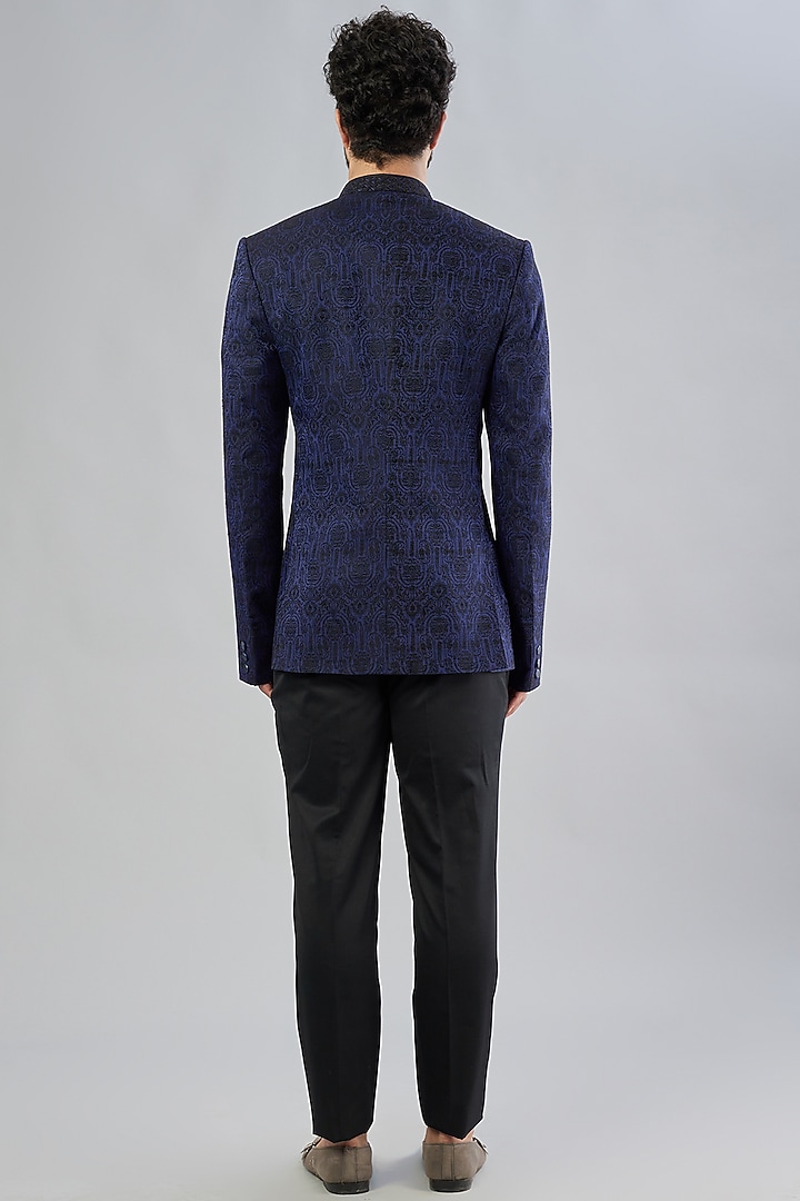 Blue Jacquard Silk Wedding Bandhgala Jacket Set by Bubber Couture at Pernia's Pop Up Shop