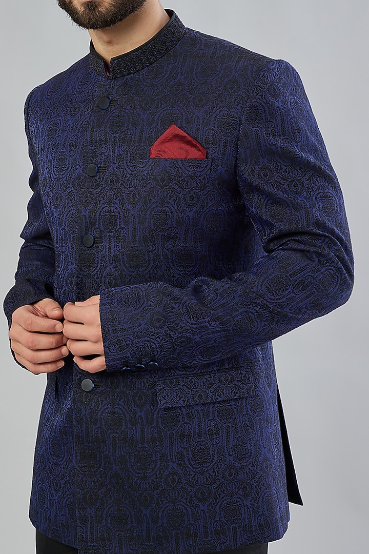 Blue Jacquard Silk Wedding Bandhgala Jacket Set by Bubber Couture at Pernia's Pop Up Shop