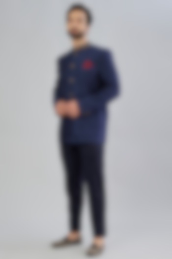 Navy Blue Embroidered Bandhgala Jacket by Bubber Couture