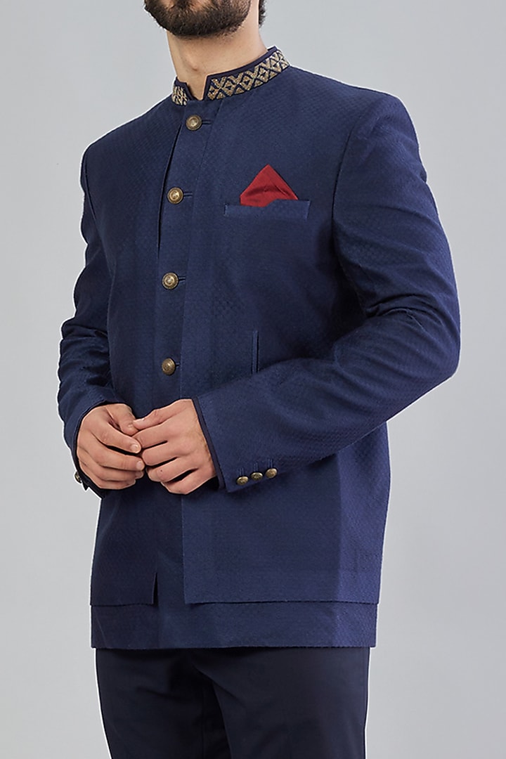 Navy Blue Embroidered Wedding Bandhgala Jacket by Bubber Couture at Pernia's Pop Up Shop