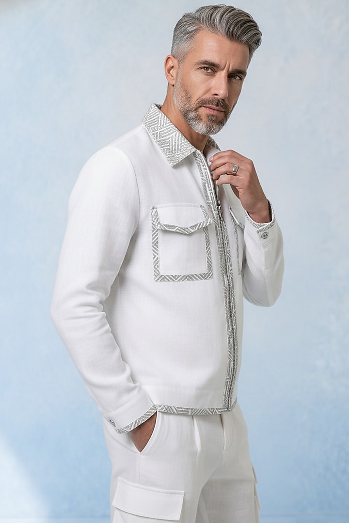 White Linen Bomber Jacket by Bubber Couture at Pernia's Pop Up Shop