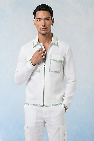 White Linen Bomber Jacket by Bubber Couture