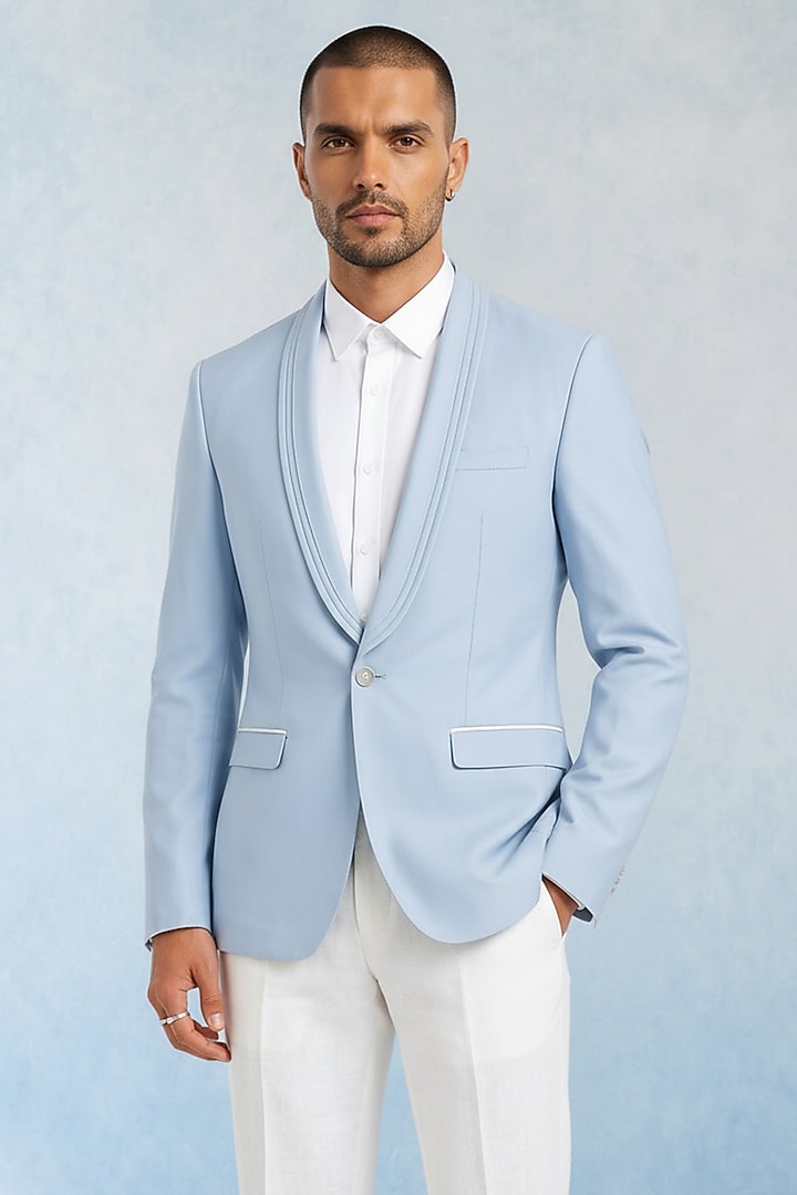 Baby Blue Crepe Wool Blazer by Bubber Couture at Pernia's Pop Up Shop