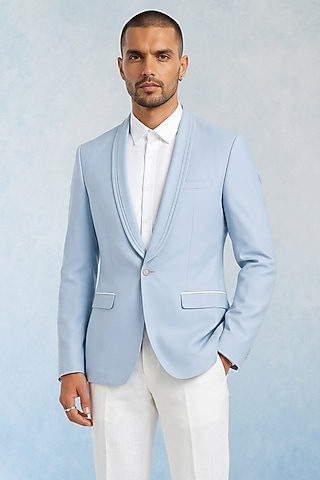 Baby Blue Crepe Wool Blazer by Bubber Couture