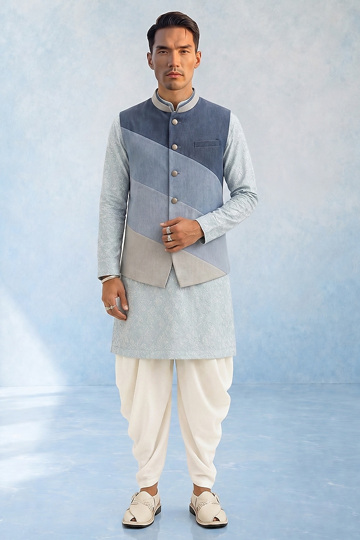 Blue Denim Color-Blocked Bundi Jacket by Bubber Couture at Pernia's Pop Up Shop