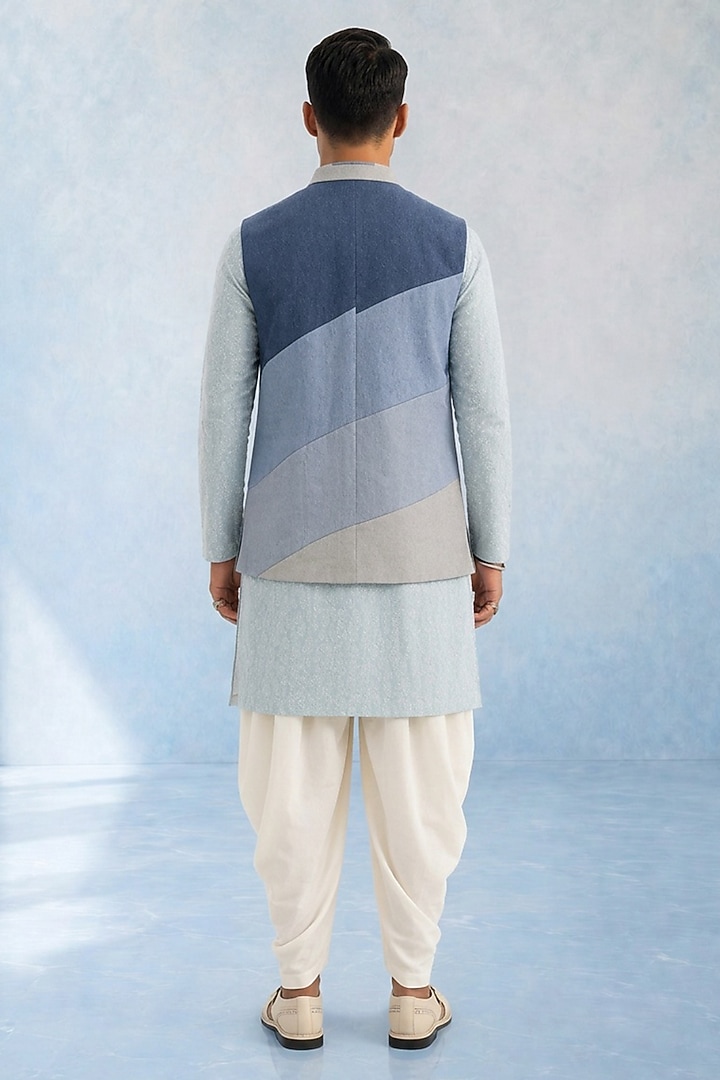 Blue Denim Color-Blocked Bundi Jacket by Bubber Couture at Pernia's Pop Up Shop