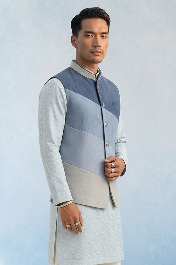 Blue Denim Color-Blocked Bundi Jacket by Bubber Couture at Pernia's Pop Up Shop