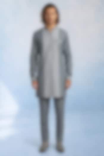 Grey Chambray Color-Blocked Kurta Set by Bubber Couture at Pernia's Pop Up Shop
