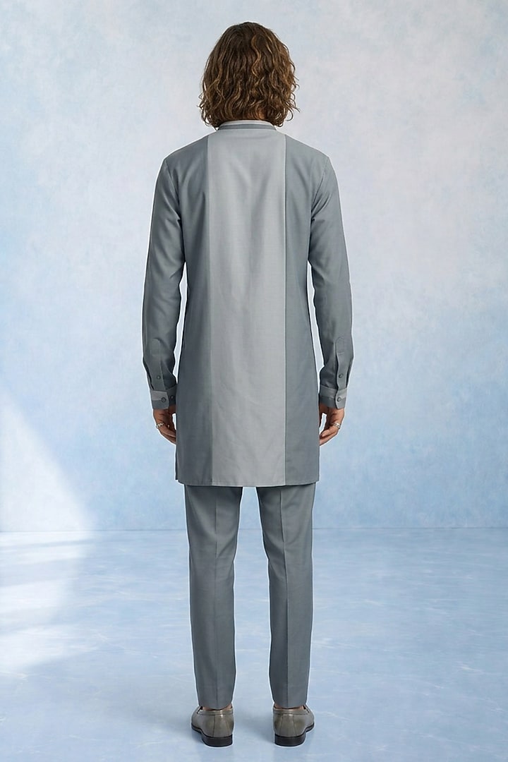 Grey Chambray Color-Blocked Kurta Set by Bubber Couture at Pernia's Pop Up Shop