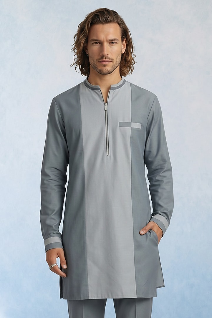 Grey Chambray Color-Blocked Kurta Set by Bubber Couture at Pernia's Pop Up Shop