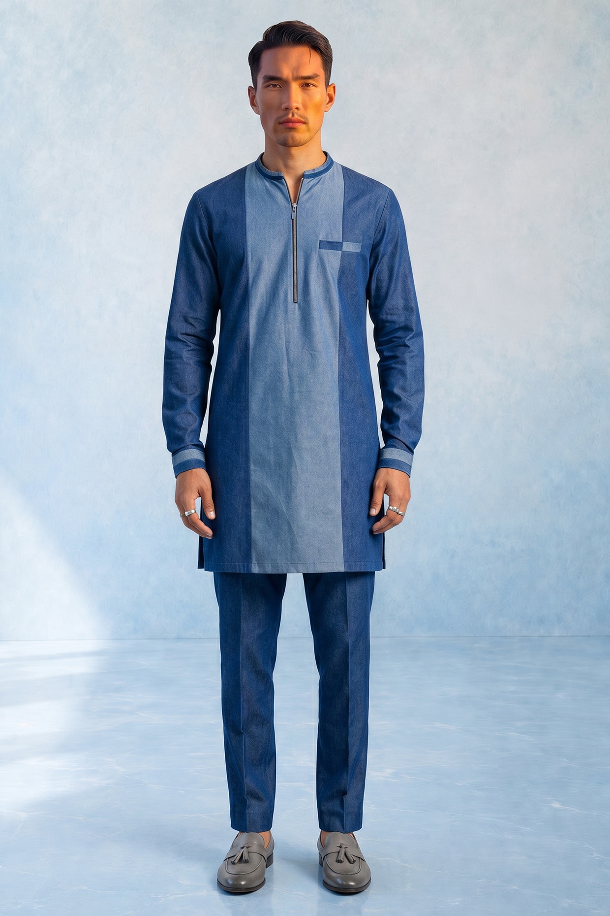 Bubber Couture Denim Blue Chambray Color-Blocked Kurta Set