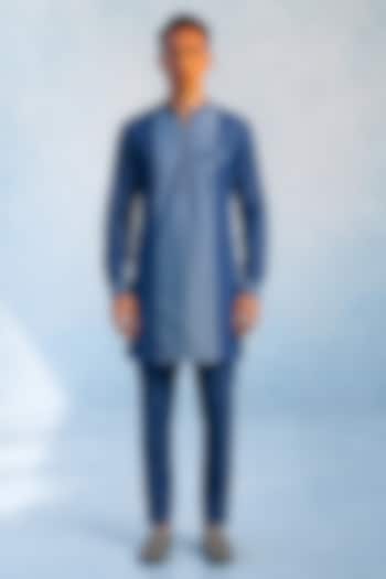 Denim Blue Chambray Color-Blocked Kurta Set by Bubber Couture at Pernia's Pop Up Shop