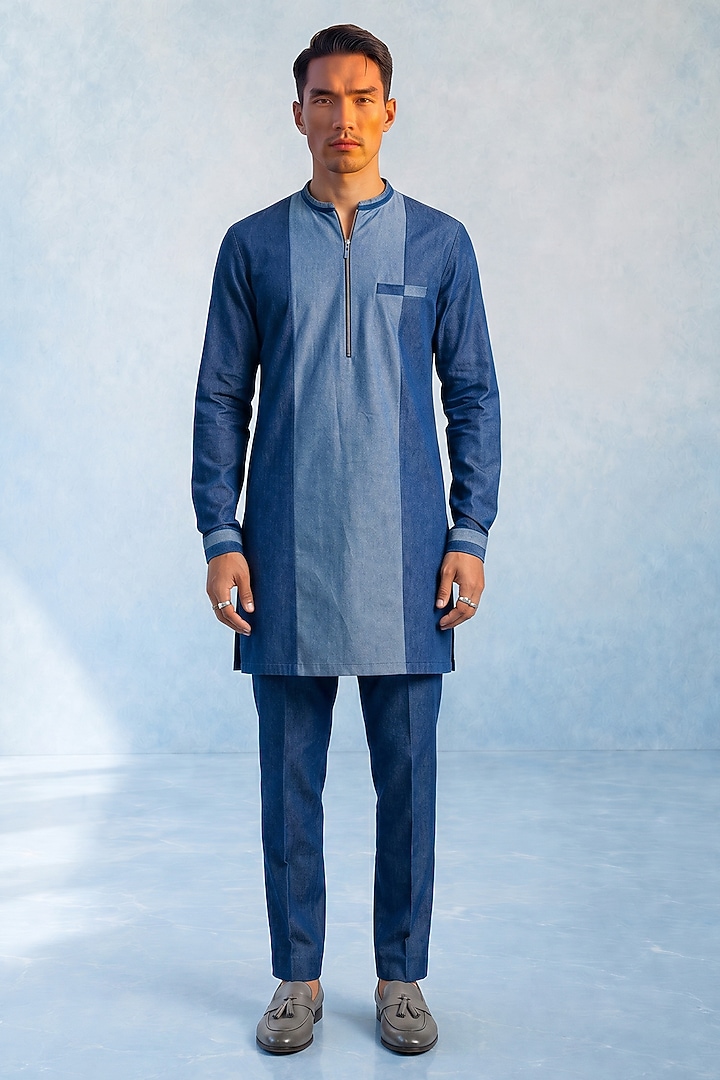 Denim Blue Chambray Color-Blocked Kurta Set by Bubber Couture at Pernia's Pop Up Shop