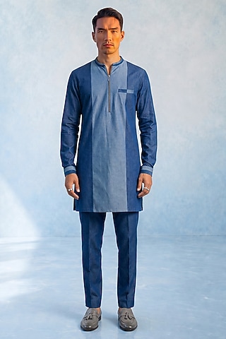 Denim Blue Chambray Color-Blocked Kurta Set by Bubber Couture