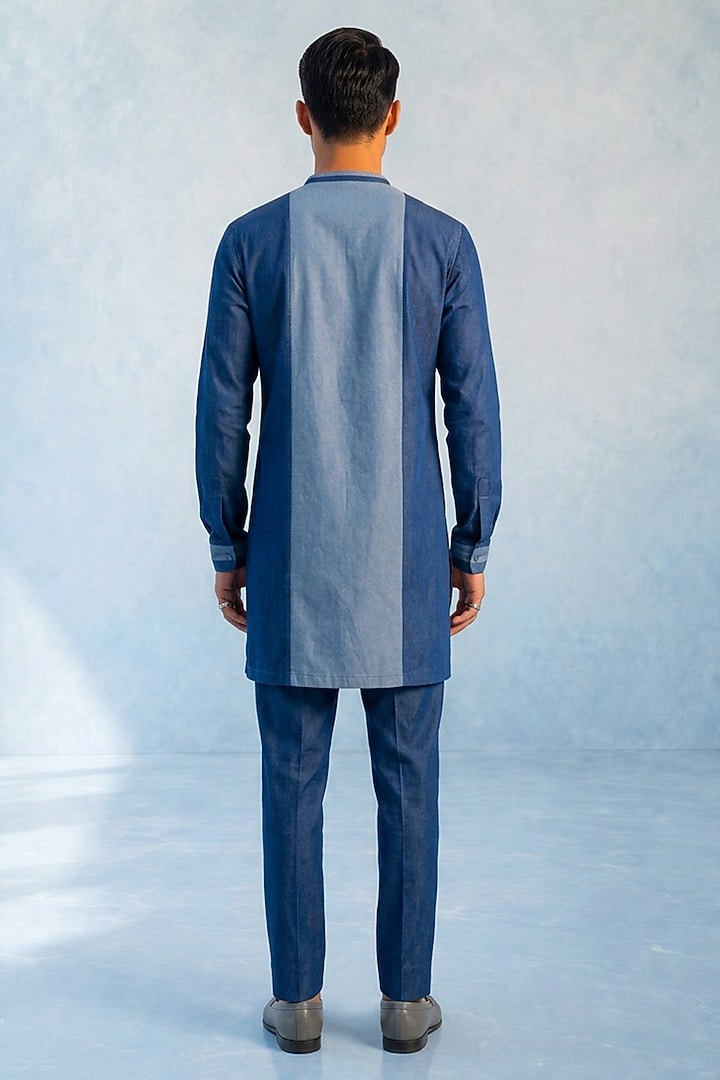 Denim Blue Chambray Color-Blocked Kurta Set by Bubber Couture at Pernia's Pop Up Shop