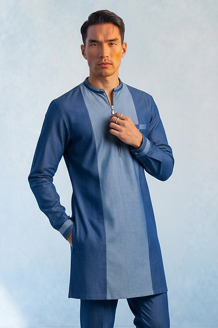 Denim Blue Chambray Color-Blocked Kurta Set by Bubber Couture at Pernia's Pop Up Shop