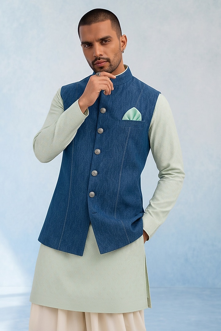 Blue Denim Color-Blocked Bundi Jacket by Bubber Couture at Pernia's Pop Up Shop