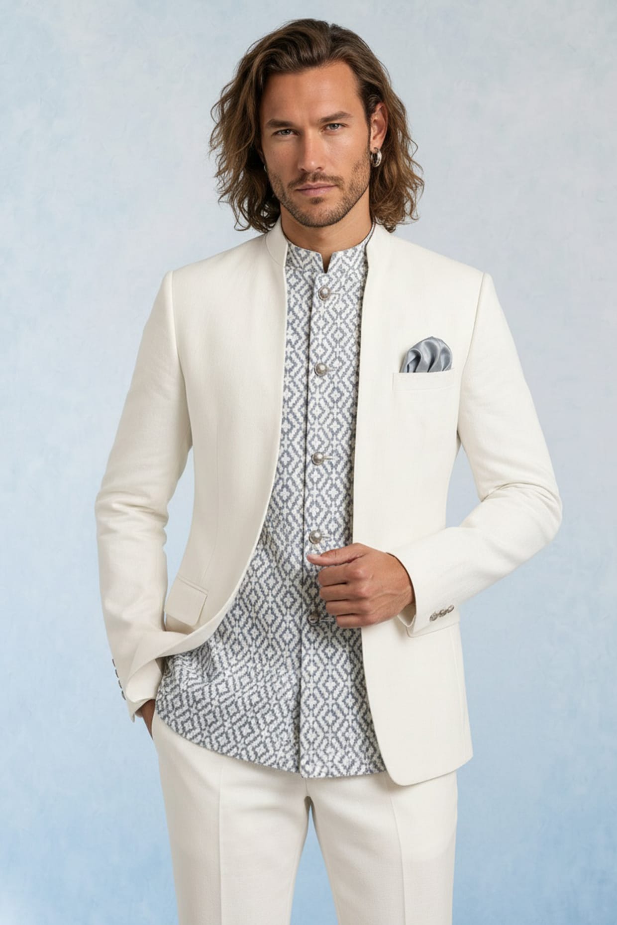 Bubber Couture Off-White Wool Threadwork Layered Bandhgala