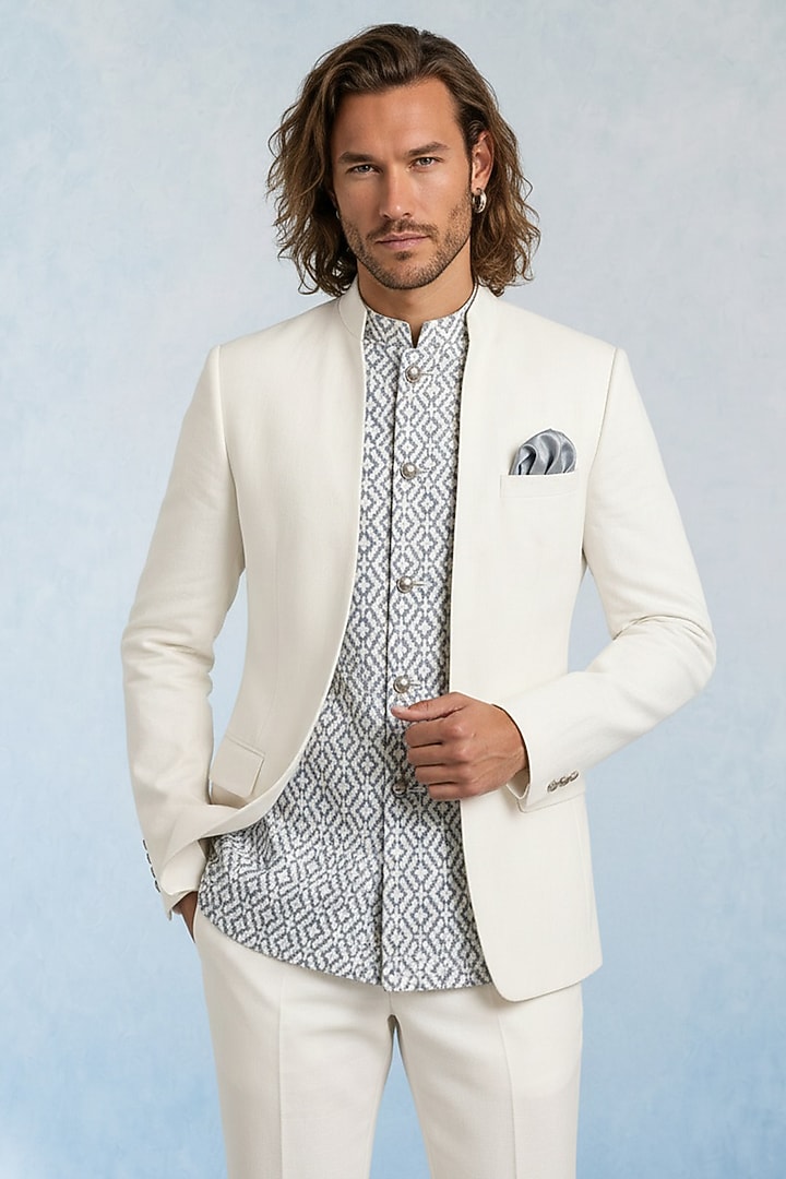 Off-White Wool Threadwork Layered Groom Bandhgala by Bubber Couture at Pernia's Pop Up Shop