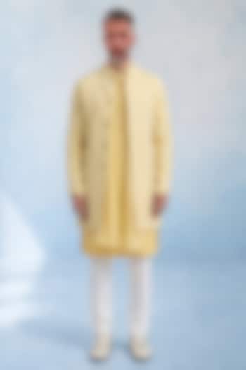 Butter Yellow Cotton Silk Groom Sherwani by Bubber Couture at Pernia's Pop Up Shop