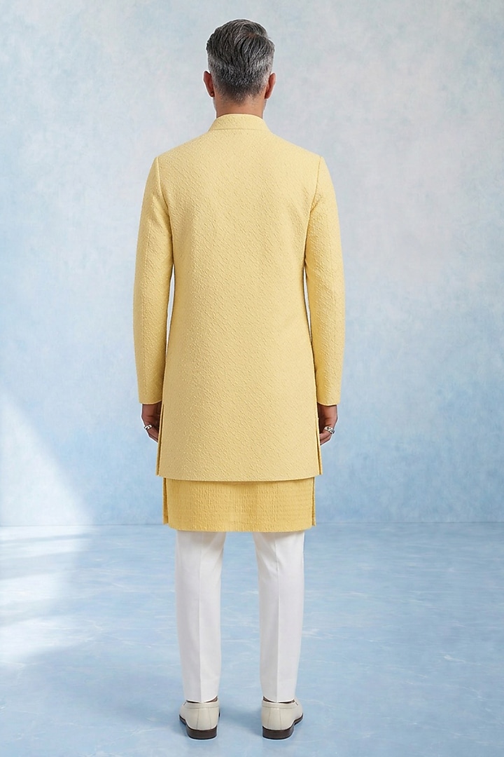 Butter Yellow Cotton Silk Groom Sherwani by Bubber Couture at Pernia's Pop Up Shop