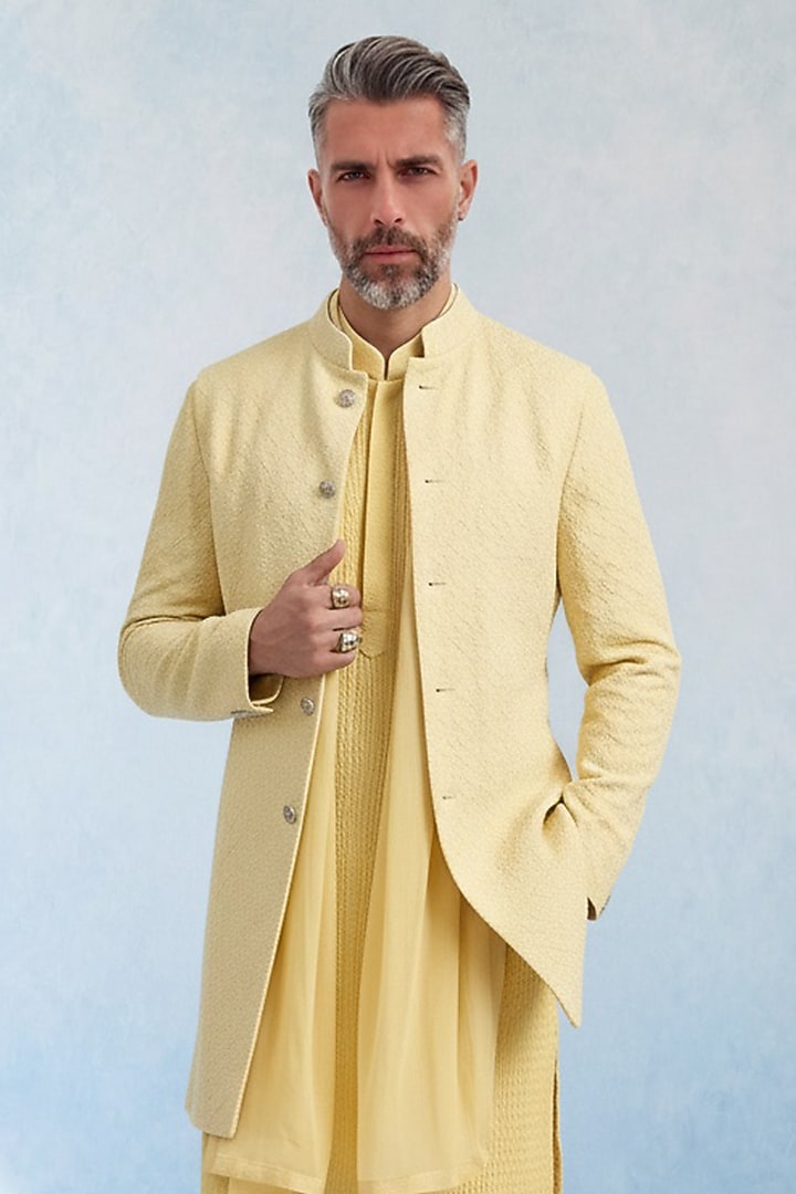 Butter Yellow Cotton Silk Groom Sherwani by Bubber Couture at Pernia's Pop Up Shop