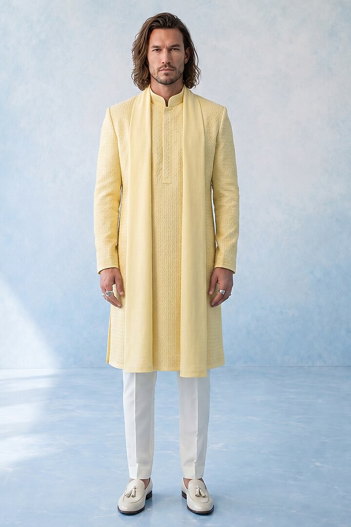 Butter Yellow Cotton Silk Kurta Set by Bubber Couture at Pernia's Pop Up Shop