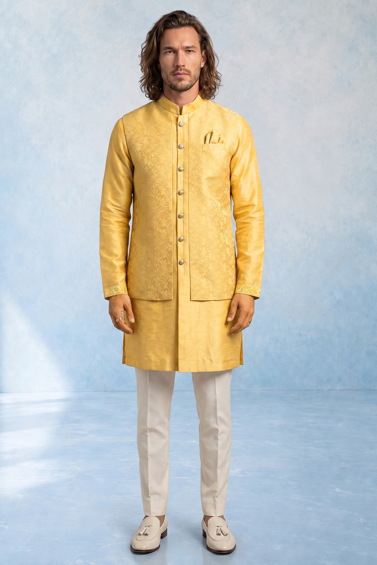 Bubber Couture Yellow Jacquard & Raw Silk Embroidered Kurta Set