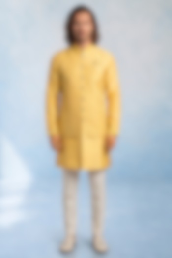Yellow Jacquard & Raw Silk Embroidered Kurta Set by Bubber Couture at Pernia's Pop Up Shop