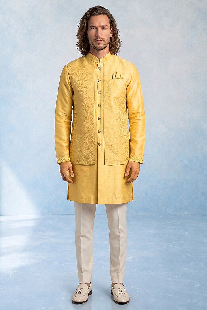 Yellow Jacquard & Raw Silk Embroidered Kurta Set by Bubber Couture at Pernia's Pop Up Shop