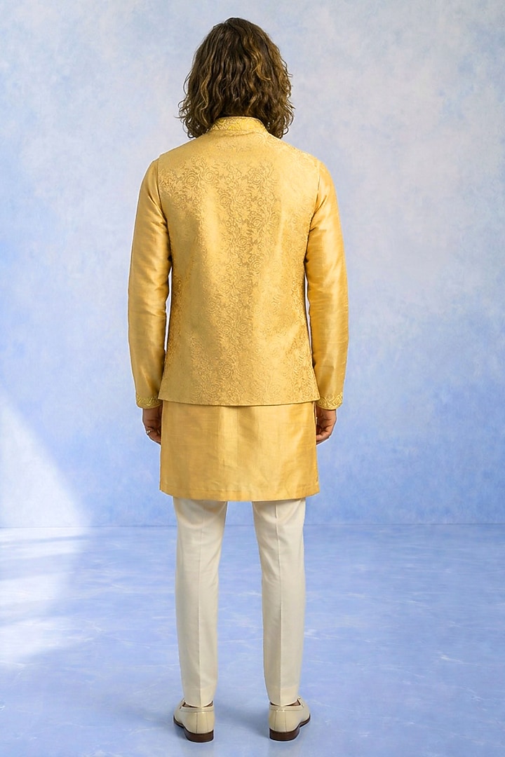 Yellow Jacquard & Raw Silk Embroidered Kurta Set by Bubber Couture at Pernia's Pop Up Shop