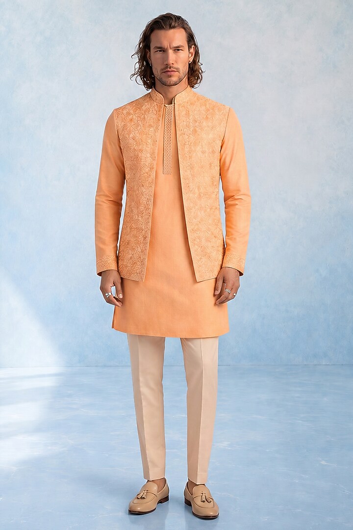 Peach Cotton Silk Bundi Jacket by Bubber Couture at Pernia's Pop Up Shop