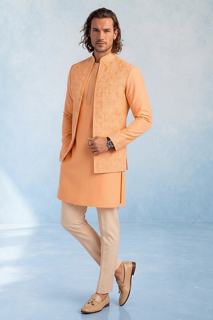 Peach Cotton Silk Bundi Jacket by Bubber Couture at Pernia's Pop Up Shop