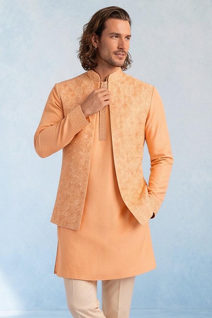 Peach Cotton Silk Bundi Jacket by Bubber Couture at Pernia's Pop Up Shop