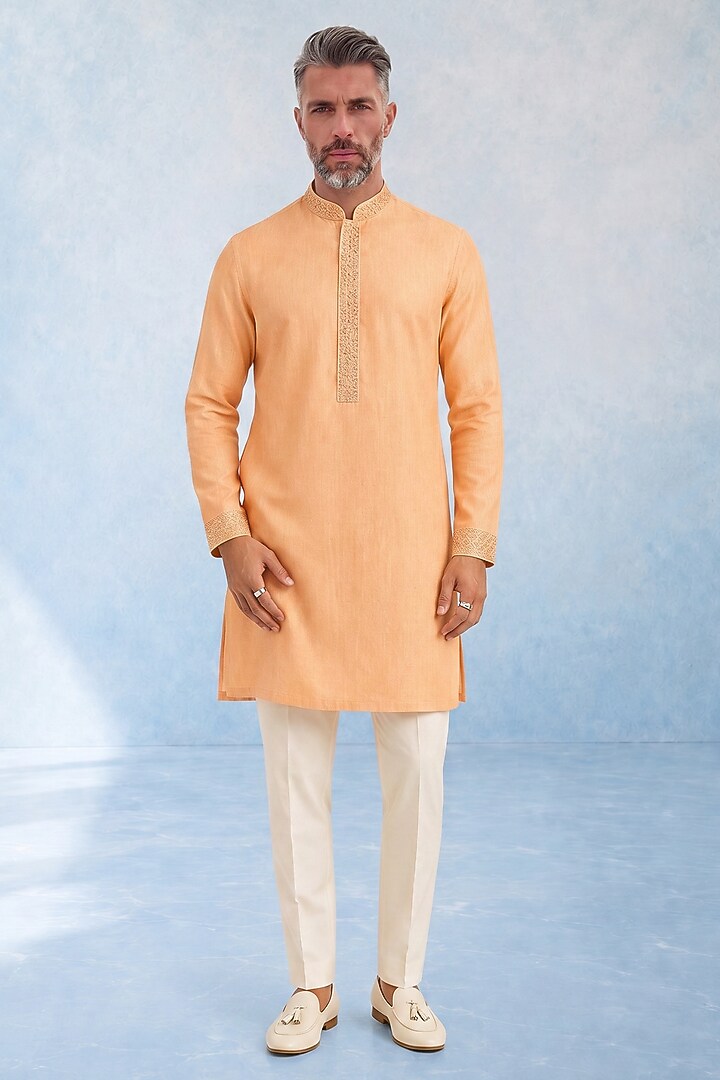 Peach Cotton Silk Kurta Set by Bubber Couture at Pernia's Pop Up Shop