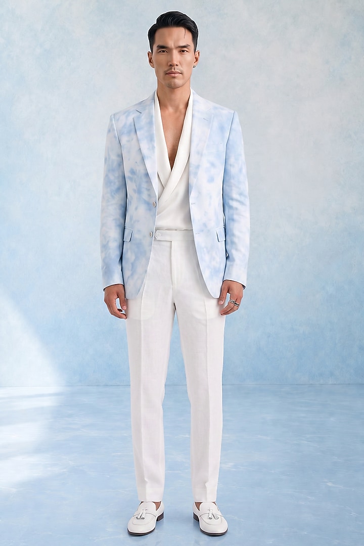 Powder Blue Linen Tie-dye Blazer by Bubber Couture at Pernia's Pop Up Shop