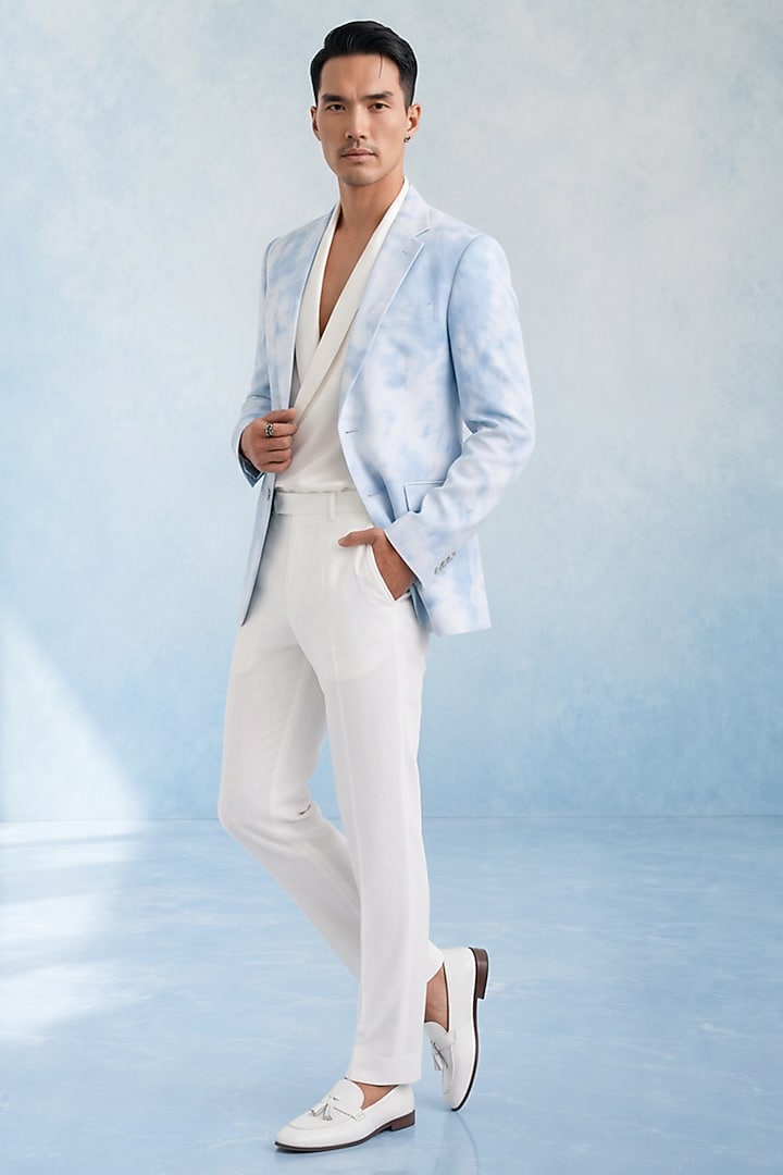 Powder Blue Linen Tie-dye Blazer by Bubber Couture at Pernia's Pop Up Shop