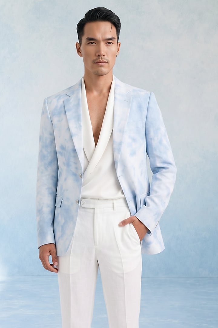 Powder Blue Linen Tie-dye Blazer by Bubber Couture at Pernia's Pop Up Shop