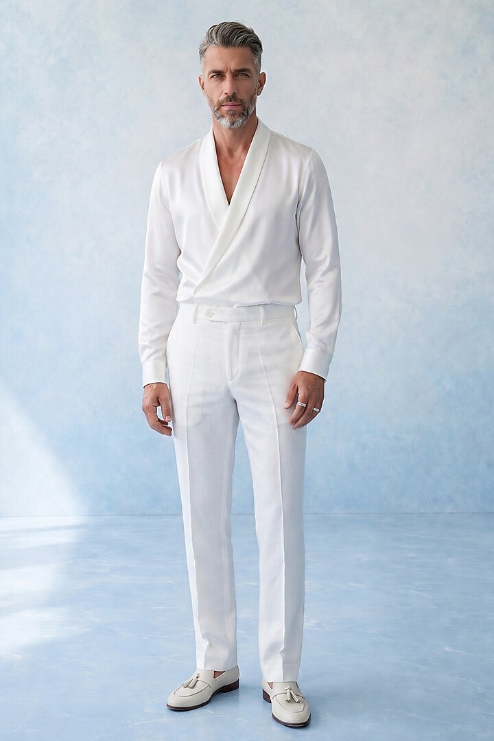 Off-White Cotton Satin Draped Party Wear Shirt by Bubber Couture at Pernia's Pop Up Shop
