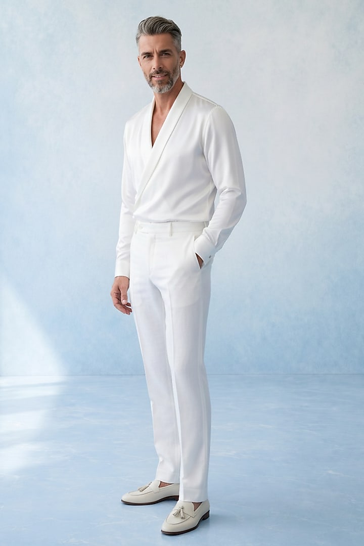 Off-White Cotton Satin Draped Party Wear Shirt by Bubber Couture at Pernia's Pop Up Shop
