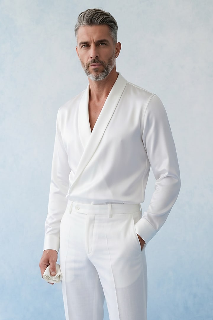 Off-White Cotton Satin Draped Party Wear Shirt by Bubber Couture at Pernia's Pop Up Shop