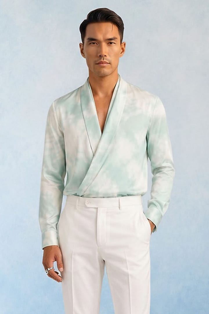 Mint Cotton Satin Tie-Dye Draped Party Wear Shirt by Bubber Couture at Pernia's Pop Up Shop