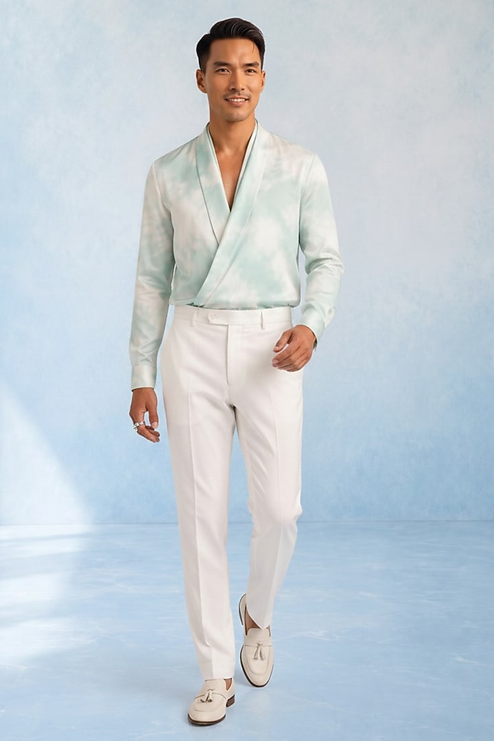 Mint Cotton Satin Tie-Dye Draped Party Wear Shirt by Bubber Couture at Pernia's Pop Up Shop