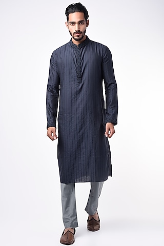 Navy Blue Cotton Silk Kurta Set by Bubber Couture