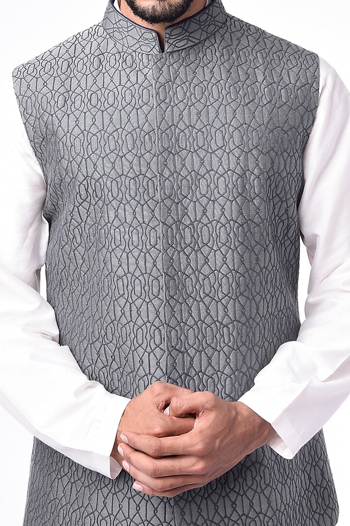 Charcoal Grey Printed Bundi Jacket by Bubber Couture at Pernia's Pop Up Shop