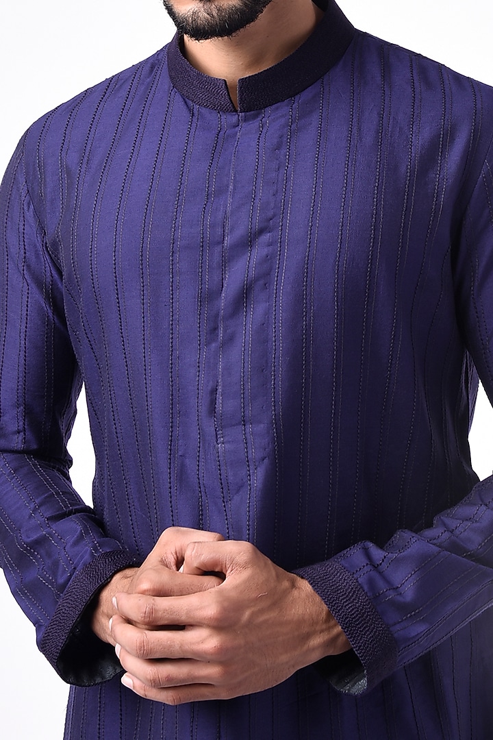 Navy Blue Striped Kurta Set by Bubber Couture at Pernia's Pop Up Shop