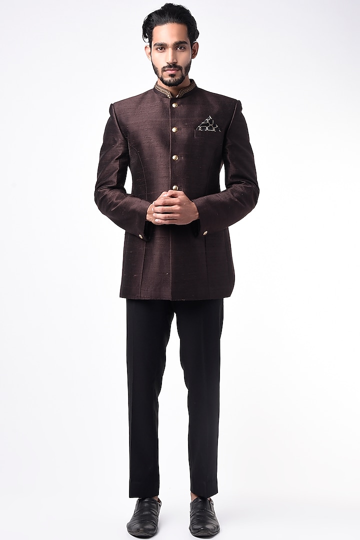 Ashwood Brown Embroidered Wedding Bandhgala Jacket by Bubber Couture at Pernia's Pop Up Shop