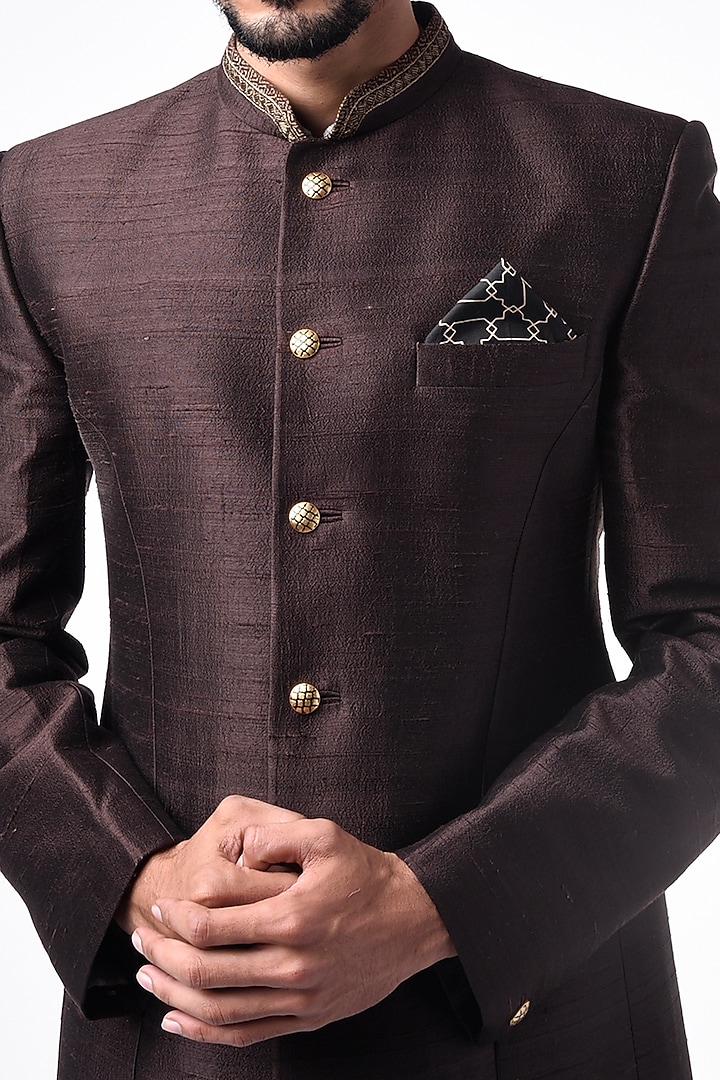 Ashwood Brown Embroidered Wedding Bandhgala Jacket by Bubber Couture at Pernia's Pop Up Shop