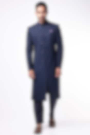 Navy Blue Matka Silk Sherwani by Bubber Couture